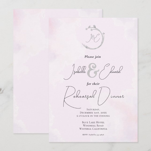Invitation Monogrammes d'oiseaux de l'amour gris aquarelle ro (Devant / Derrière)