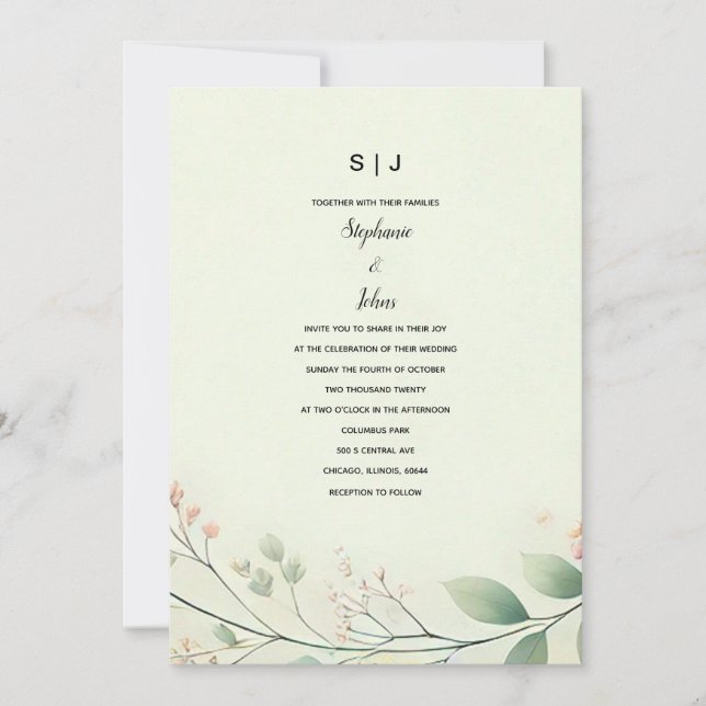 Invitation Monogrammes Floral Feuille Sage Vert Beige Mariage (Devant)