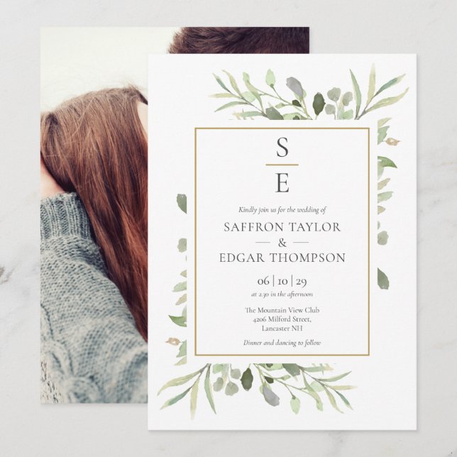Invitation Monogrammes Initiales Végétal Foliage Mariage phot (Devant / Derrière)
