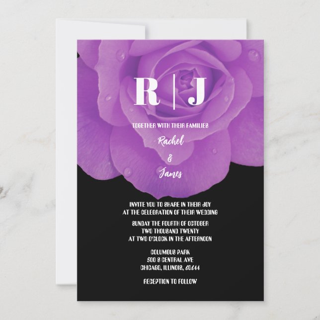 Invitation Monogrammes violet noir Floral Rose Mariage (Devant)