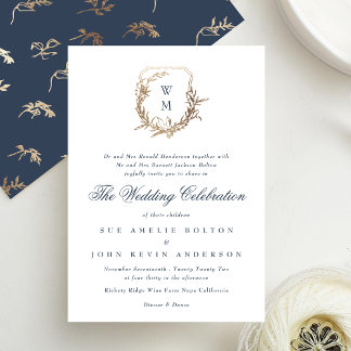Invitation monographie classique bleu marine mariage or crête