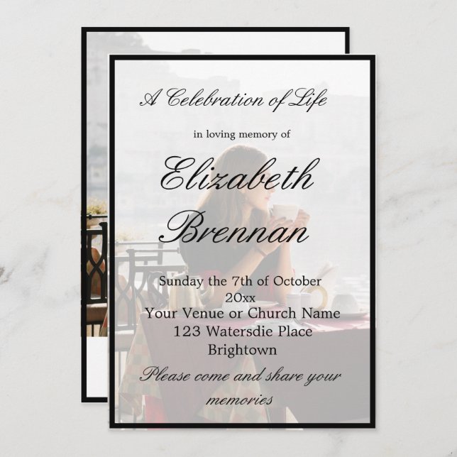 Invitation Monographie funéraire Monogramme Elegant Black Inv (Devant / Derrière)