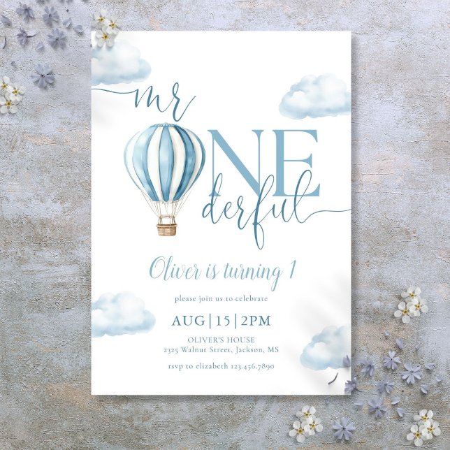 Invitation Monsieur Onederful garçon ballon à air chaud 1er a (Mr Onederful Blue Hot Air Balloon Boy 1st Birthday Invitation)