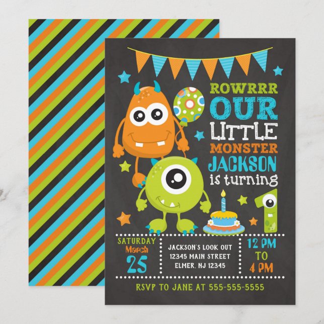 Invitation Monster 1er Anniversaire (Devant / Derrière)