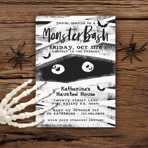 Invitation Monster Bash   Black & White Mummy Halloween Party