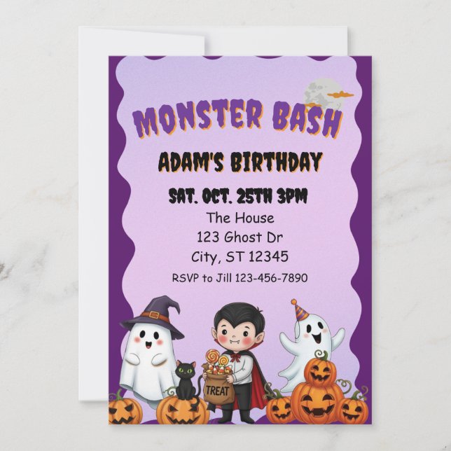 Invitation Monster Bash, Halloween birthday (Devant)