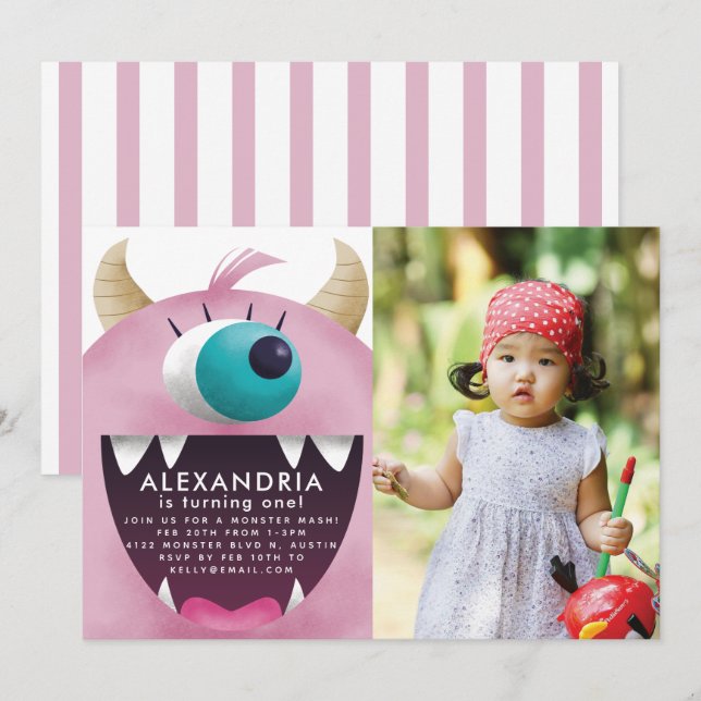 Invitation Monster Bash rose fête d'anniversaire Photo (Devant / Derrière)