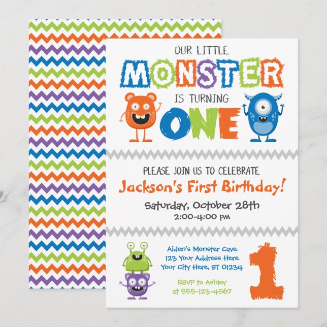 Invitation Monster First Birthday (Devant / Derrière)