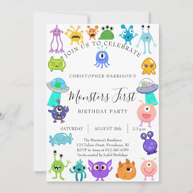 Invitation Monster First Birthday Party (Devant)
