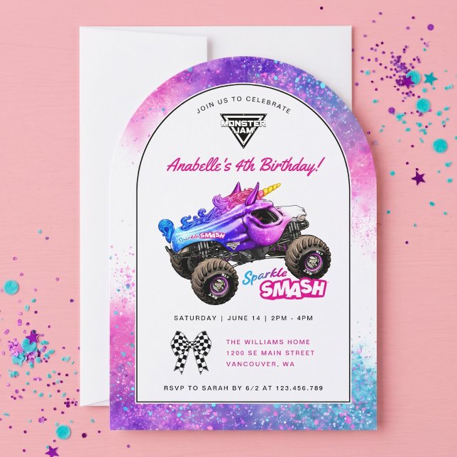Invitation Monster Jam - Anniversaire Sparkle Smash (Simulated invitation on table)