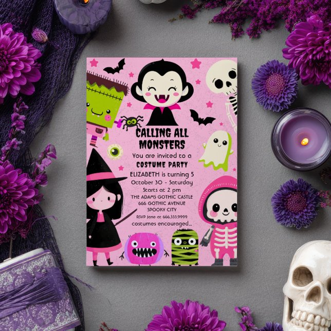 Invitation Monster Mash rose enfants Halloween fête d'anniver (Créateur téléchargé)