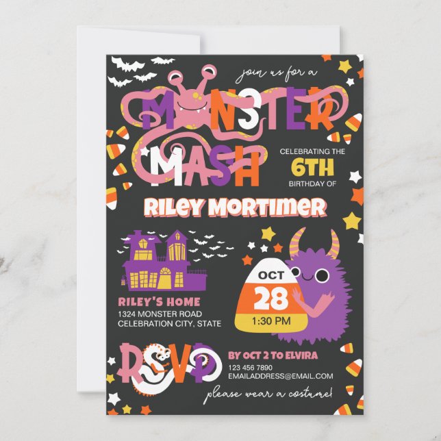 Invitation Monster Mash Typographie Fille Halloween Anniversa (Devant)