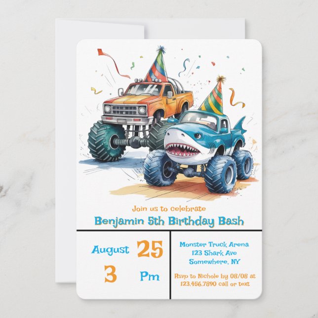 Invitation Monster Shark Camion Anniversaire Bash Watercolor  (Devant)