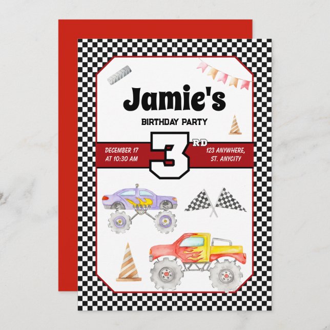 Invitation Monster Truck 3e anniversaire (Devant / Derrière)