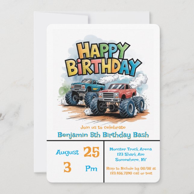 Invitation Monster Truck Anniversaire Bash Watercolor Art (Devant)