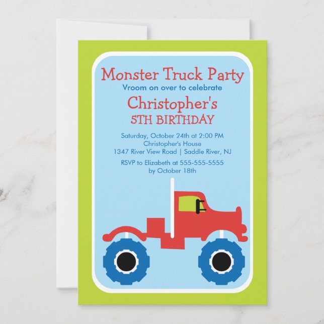 Invitation Monster truck Anniversaire Party pour garçons (Devant)