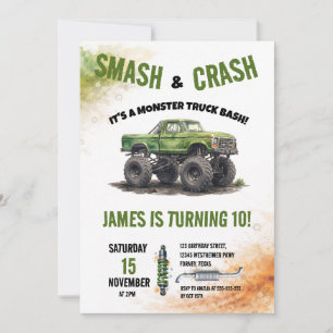 Invitation Monster Truck Aquarelle Anniversaire Smash & Crash