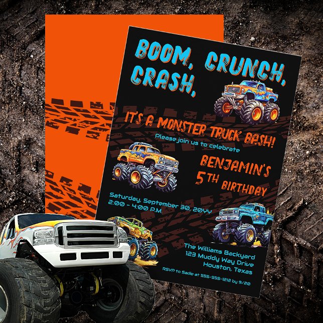 Invitation Monster Truck Bash Boy 5e fête d'anniversaire ("Boom, Crunch, Crash, It's A Monster Truck Bash" Boy's 5th Birthday Party Invitation)