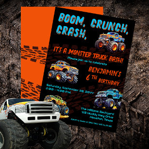 Invitation Monster Truck Bash Boy 6e fête d'anniversaire