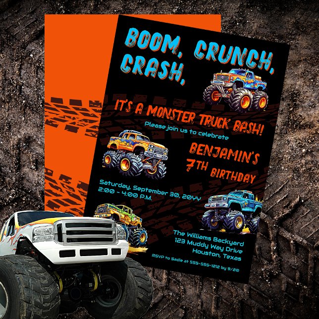 Invitation Monster Truck Bash Boy 7e fête d'anniversaire ("Boom, Crunch, Crash, It's A Monster Truck Bash" Boy's 7th Birthday Party Invitation)