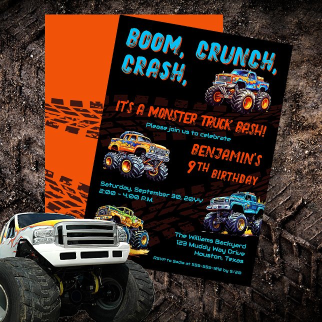 Invitation Monster Truck Bash Boy 9e fête d'anniversaire ("Boom, Crunch, Crash, It's A Monster Truck Bash" Boy's 9th Birthday Party Invitation)