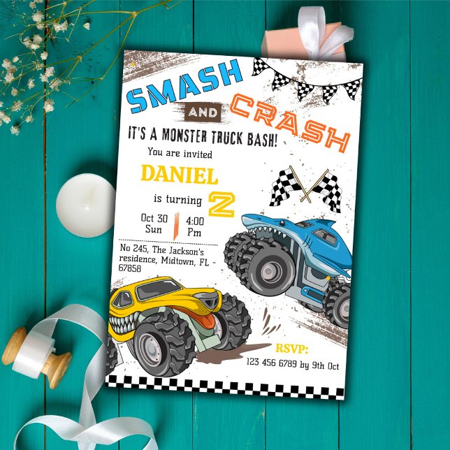 Invitation Monster truck bash cool modern kid 2nd birthday (Créateur téléchargé)
