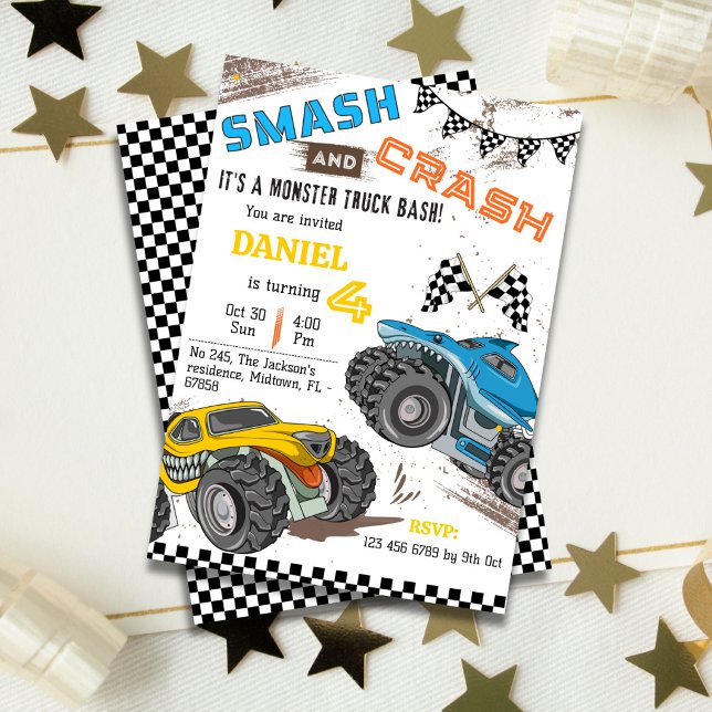 Invitation Monster truck bash cool modern kid 4th birthday (Créateur téléchargé)