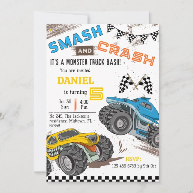 Invitation Monster truck bash cool modern kid 5th birthday (Devant)
