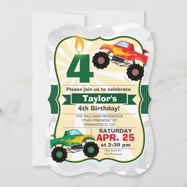 Invitation Monster Truck Boy's Birthday Party (Devant)