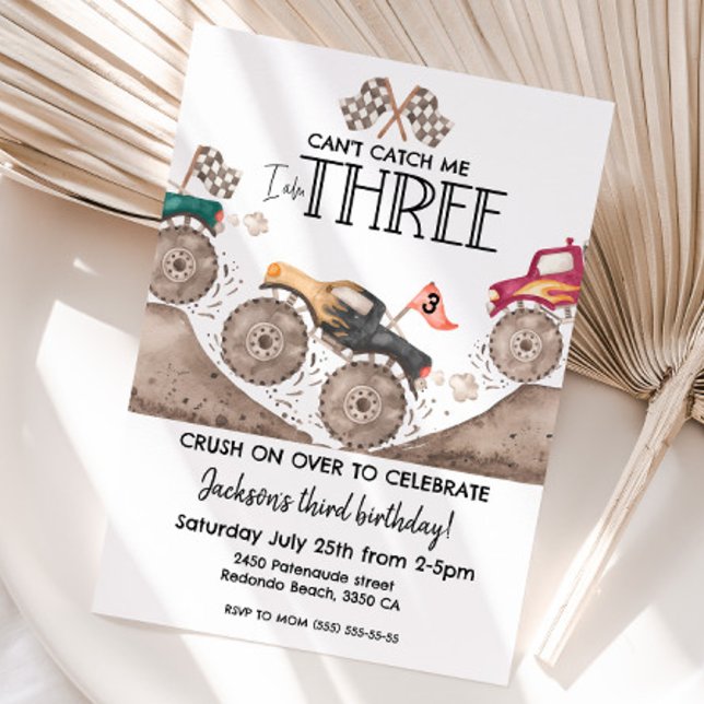 Invitation Monster Truck Can't catch me, I am three birthday  (Can't catch me, I am three Monster truck birthday invitation)