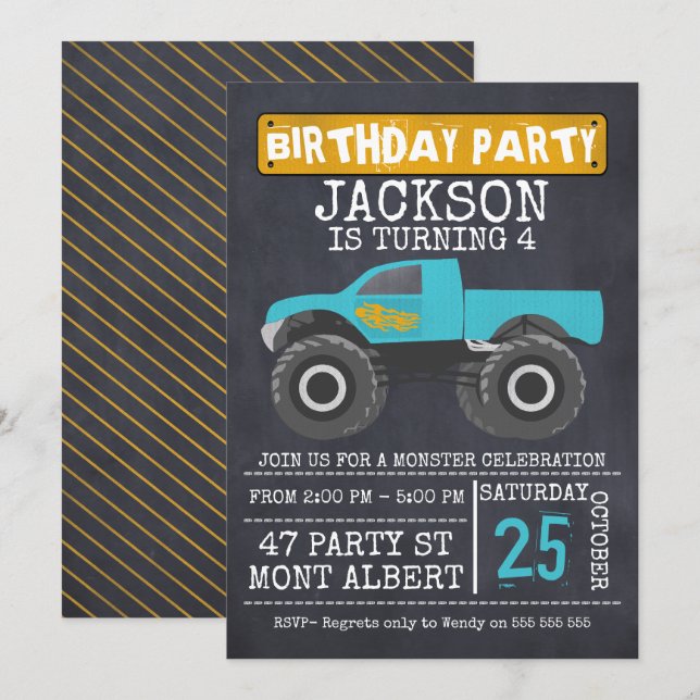 Invitation Monster Truck Chalboard Anniversaire Fête Invitati (Devant / Derrière)