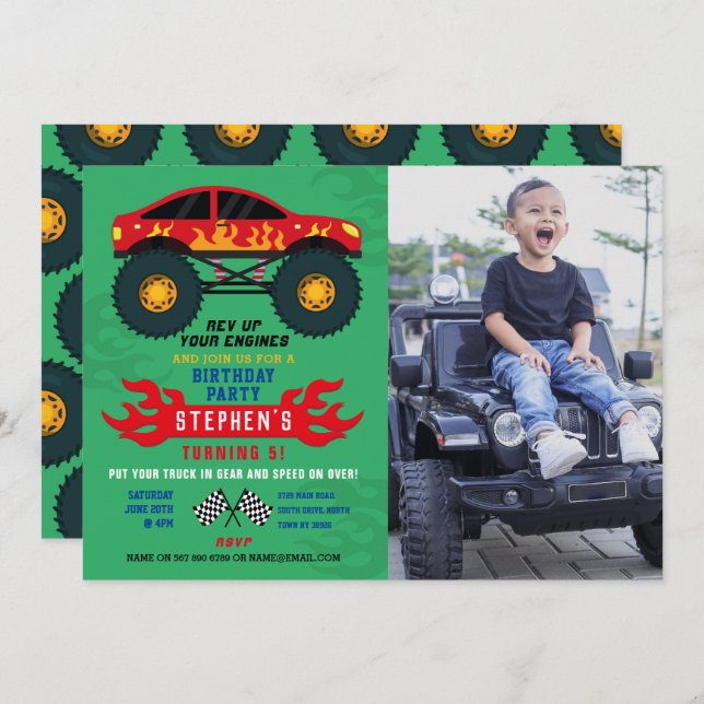 Invitation Monster Truck Flames Anniversaire Flames Big Photo (Devant / Derrière)