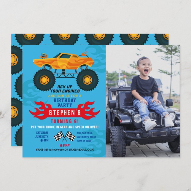 Invitation Monster Truck Flames Anniversaire Flammes Big Phot (Devant / Derrière)