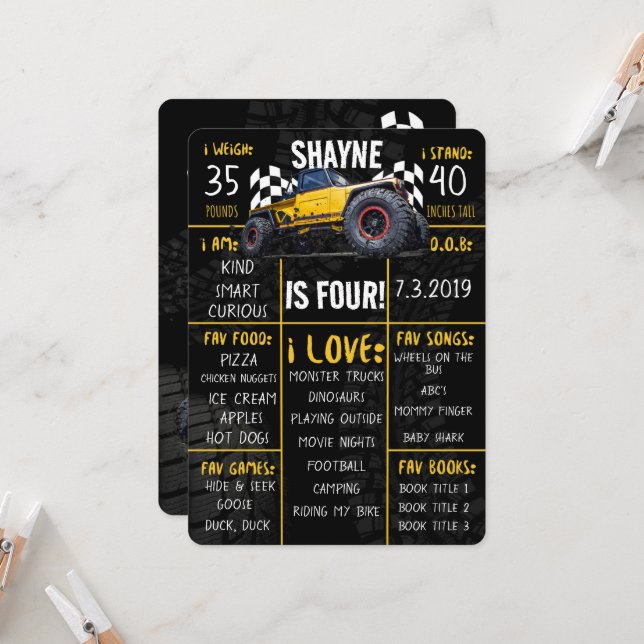 Invitation Monster Truck Rally Anniversaire de fête Jalon (Devant/Arrière en situation)