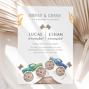 Invitation Monster Truck Siblings Joint Birday Party
