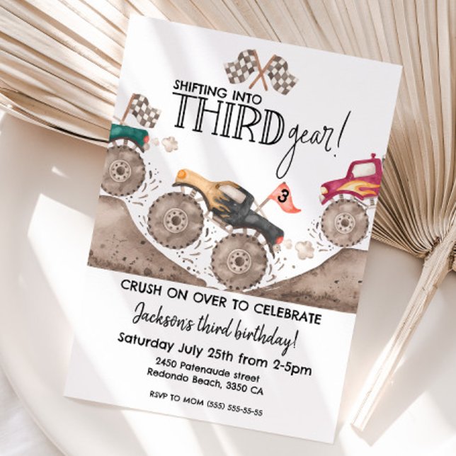 Invitation Monster Truck THIRD Gear 3rd birthday kids (Monster truck third gear birthday invitation)