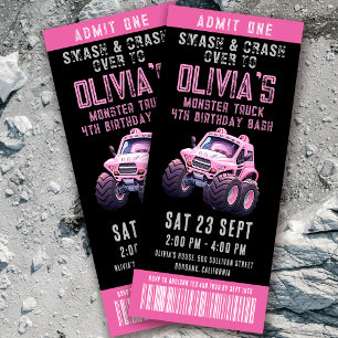 Invitation Monster Truck Ticket Girl's Birthday Party