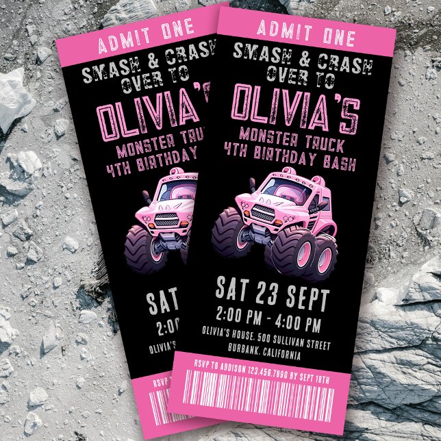 Invitation Monster Truck Ticket Girl's Birthday Party (Créateur téléchargé)