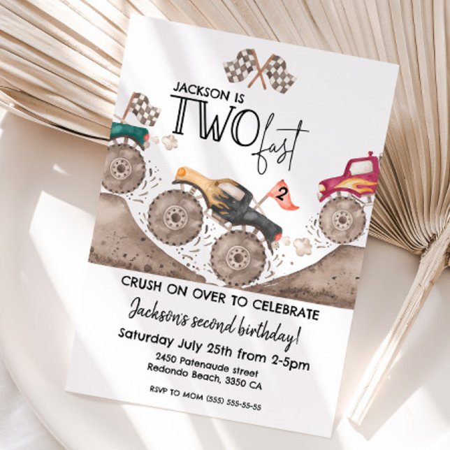 Invitation Monster Truck TWO FAST 2ème anniversaire enfants (Monster truck two fast birthday invitation)