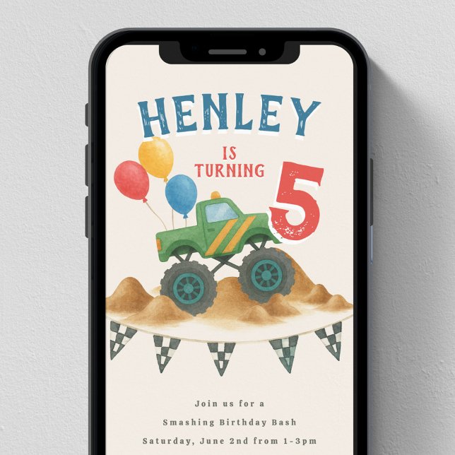 Invitation Monster Truck Watercolor Anniversaire de enfant Pa (Créateur téléchargé)