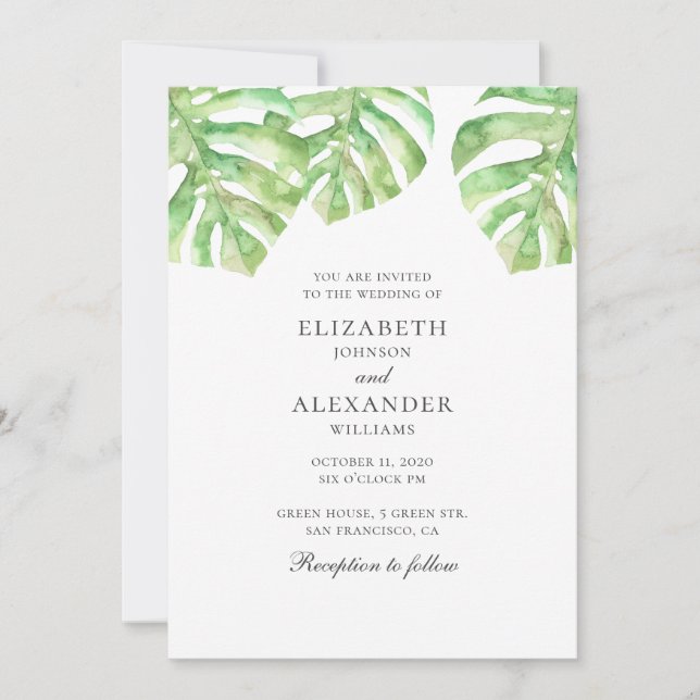 Invitation Monstera. Aquarelle verdure mariage tropical (Devant)