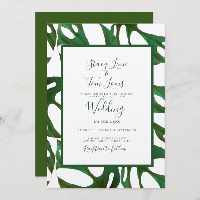 Invitation Monstera Botanique Feuille verte Mariage Brown (Devant / Derrière)