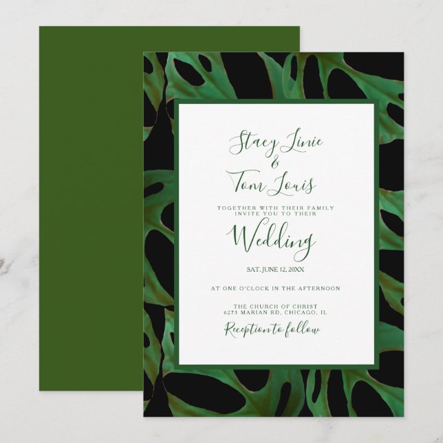 Invitation Monstera Botanique Feuille verte Mariage noir (Devant / Derrière)