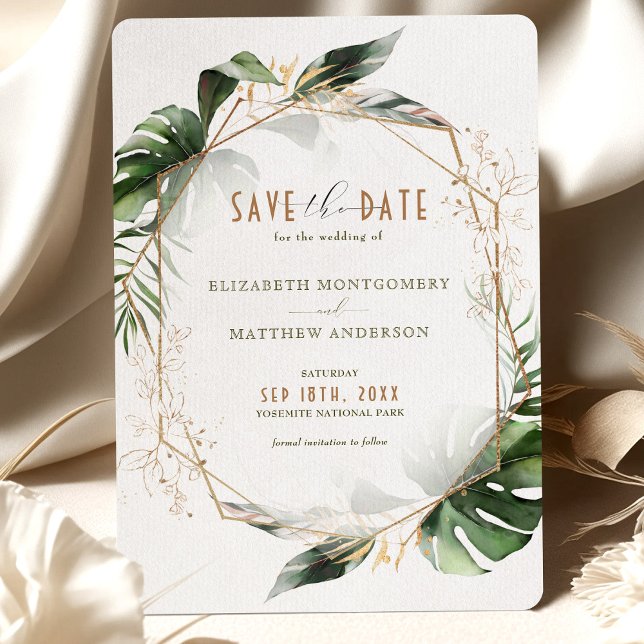 Invitation Monstera Enregistrer La Date Green & Gold Mariage (Créateur téléchargé)
