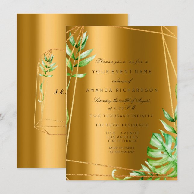 Invitation Monstera Or Cadre Polygonal de Verdure de Mariée (Devant / Derrière)