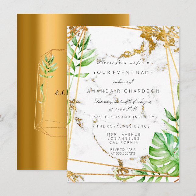 Invitation Monstera Or Cadre Polygonal Végétal Marbre (Devant / Derrière)