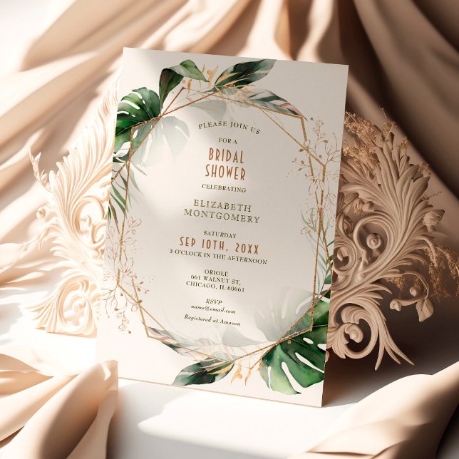 Invitation Monstera Or et Vert Baby Shower Géométrique (Créateur téléchargé)