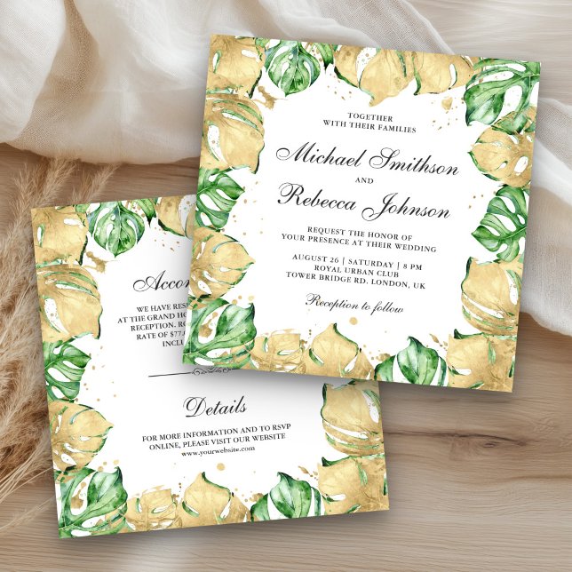 Invitation Monstera Palm or vert Tout en Un Mariage (Créateur téléchargé)