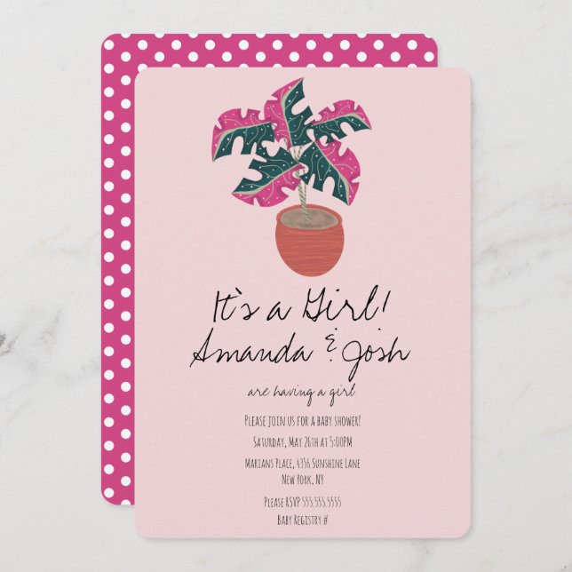 Invitation Monstera Tropical Pink Dots Baby shower filles (Devant / Derrière)