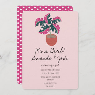 Invitation Monstera Tropical Pink Dots Baby shower filles